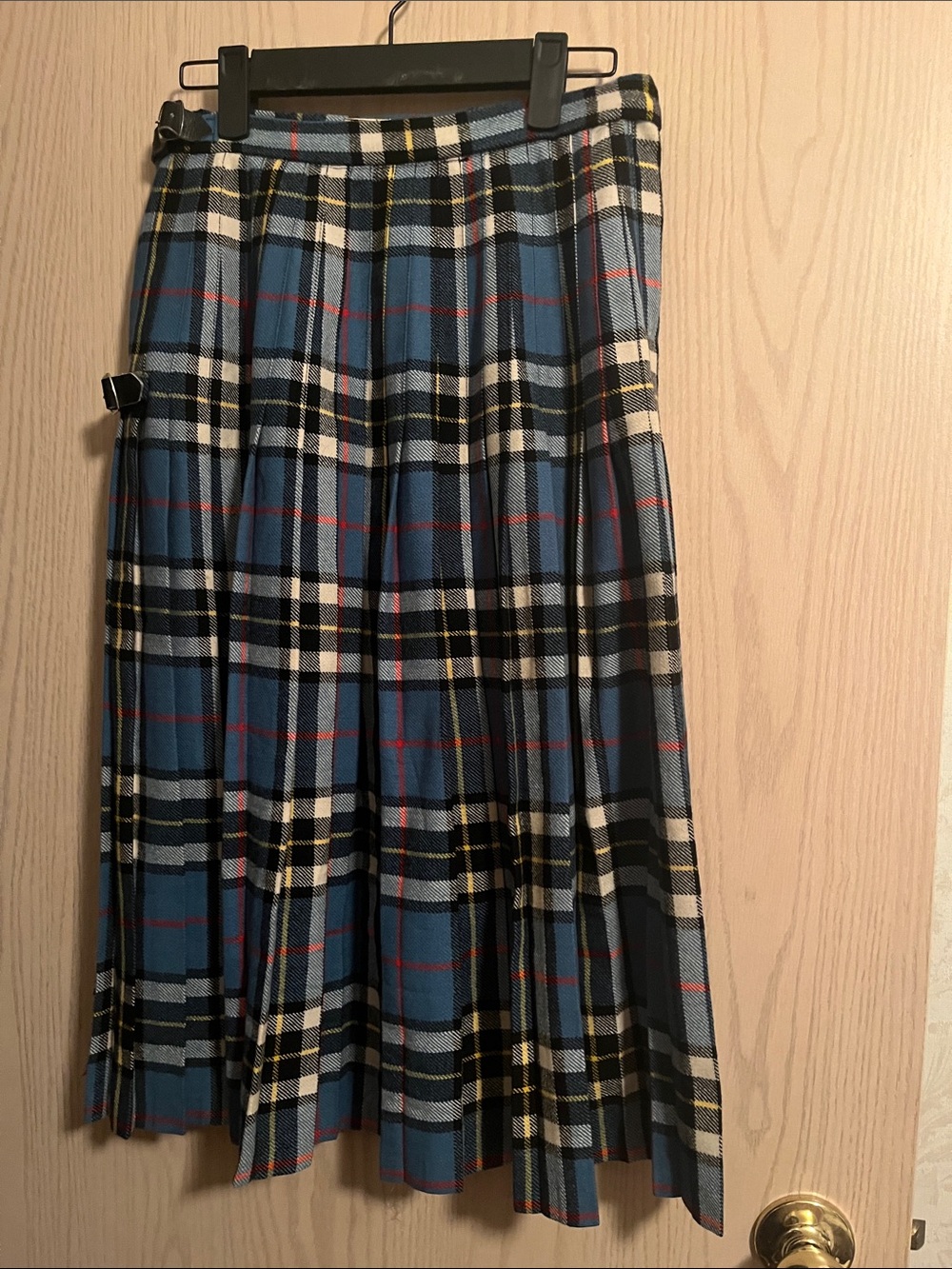 Pleated Blue Tartan Midi Skirt with Side Buckles